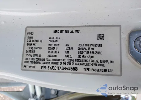 2023 Tesla Model 3 Rear-Wheel Drive из США, поврежденный, VIN 5YJ3E1EA0PF476668
